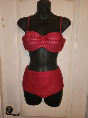 Textured Red High-Waist Bikini Set